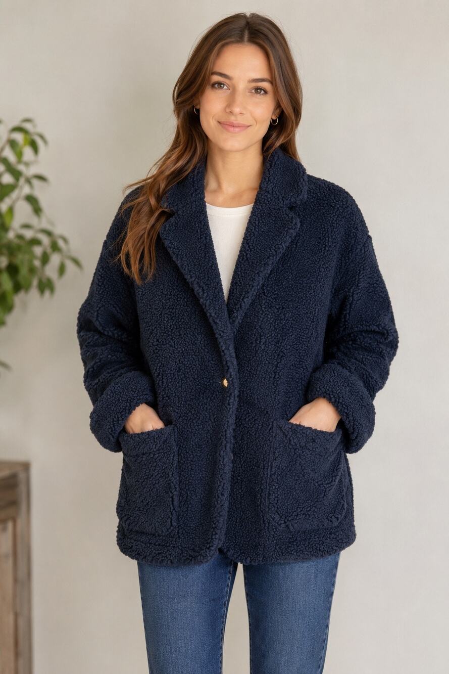 Laveer Navy Blue Teddy Coat Blazer Jacket | XS | Cozy Chic Outerwear